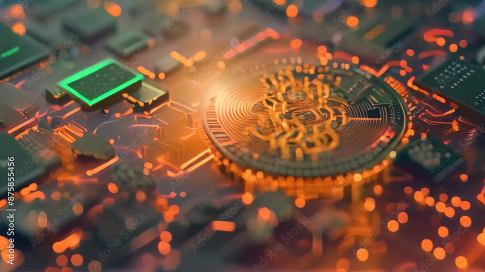 Poster a close-up of a bitcoin symbol resting on a circuit board, representing digital currency and technol
