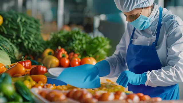 A woman wearing a mask and gloves is actively preparing vegetables in a grocery store, Exploring the concept of foodborne illnesses and how they can be prevented