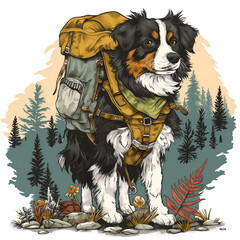 Illustration of a Hiking Dog with Backpack Against a Forest Background