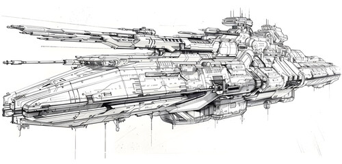 Rough draft hand-drawn style spaceship design. spacecraft, star cruiser, battleship, interstellar travel, space force design