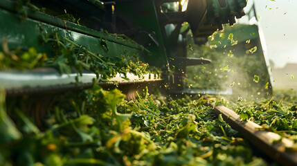 chopped green matter from the plants falls from the harvester into a siding