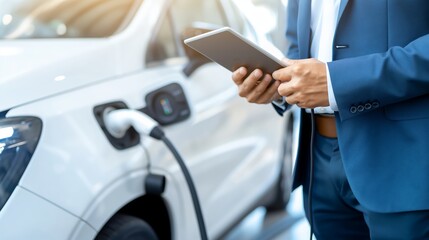 Businessman holding smartphone while charging car at electric vehicle charging station, closeup.