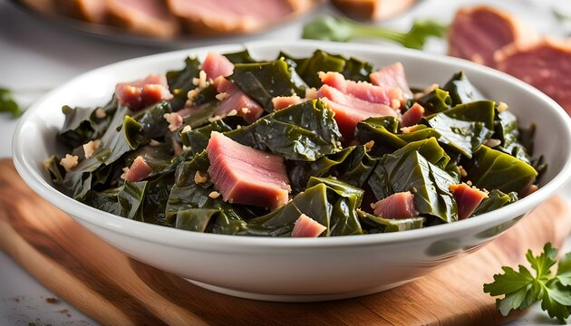 Gourmet homemade collard greens with pieces of ham in a bowl with a white background
