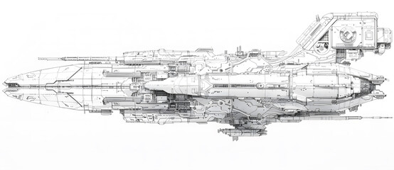 Fototapeta premium Rough draft hand-drawn style spaceship design. spacecraft, star cruiser, battleship, interstellar travel, space force design