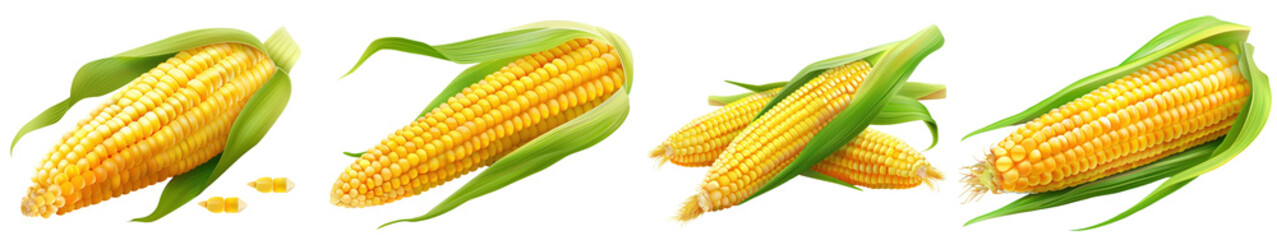 Fresh yellow corn on the cob with green husks isolated on white background. Natural food product perfect for culinary dishes and summer meals. transparent background