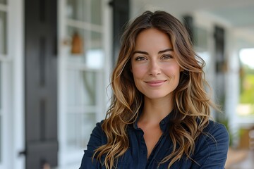 Fototapeta premium Confident American woman real estate agent stands proudly outside a modern home, radiating expertise and approachability, ready to assist potential house buyers 