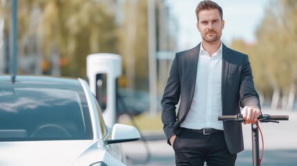 Close up of businessman in suit on way to work standing at eletric scooter and charging his electric car. Concept of eco commuting and green transportation.