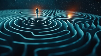 Obraz premium A solitary figure walks through an illuminated, futuristic maze, symbolizing a journey of self-discovery and overcoming challenges.