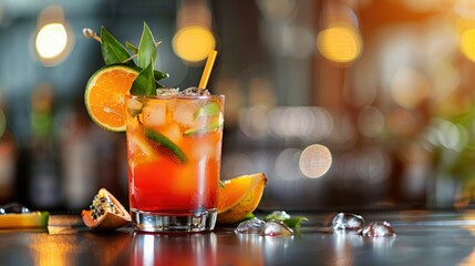 Colorful cocktail with ice cubes, orange slice, and mint leaves on a bar counter with bokeh lights in the background.