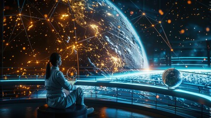 Futuristic science fiction scene with an astronaut in a high-tech control room observing a holographic globe and data visualization.