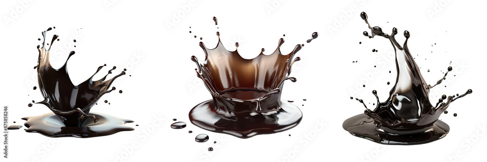 Poster three dynamic splashes of chocolate against a white background, capturing the fluid motion and textu
