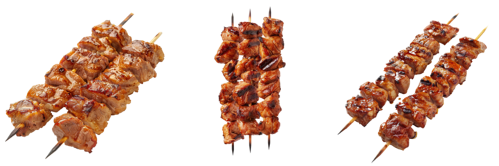 Three skewers of grilled, marinated meat arranged in a row, isolated on a white background, showcasing deliciously cooked barbecue skewers. transparent background