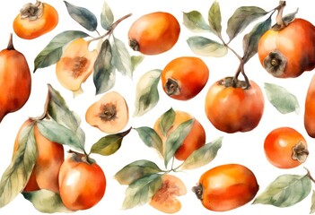 Obraz premium illustration persimmon illustrations fruit watercolor botanical painted nature transparent hand set decorative element background elements fruits orange