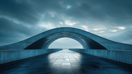 Futuristic Concrete Bridge with Arch Design Under Dramatic Cloudy Sky at Dawn