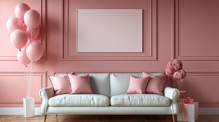 Elegant Living Room with Pink Decor, Balloons, and White Sofa in a Modern Interior Design Setting