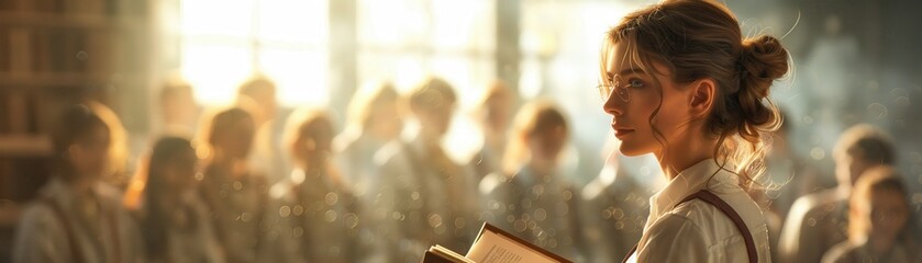 Young Woman Reading a Book in a Sunlit Classroom with Students in the Background