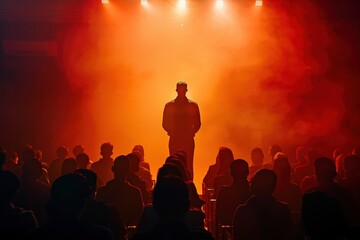 Silhouetted Speaker on Stage with Audience in Dramatic Lighting and Smoke Effects at a Live Event