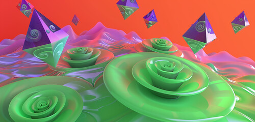 Bright coral gradient with floating green spirals and violet pyramids, layered with thin concentric circles for a creative 3D background