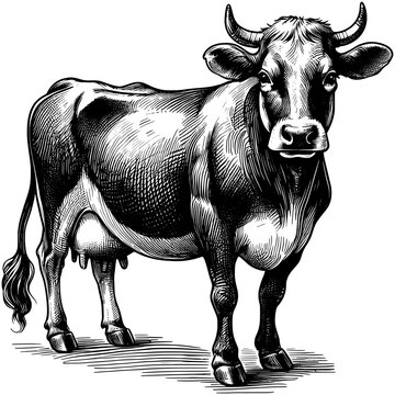 recommend clip art: Vintage ink sketch cow vector line art black hand drawn, illustration background