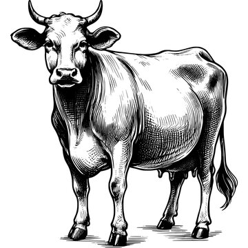 recommend clip art: Vintage ink sketch cow vector line art black hand drawn, illustration background