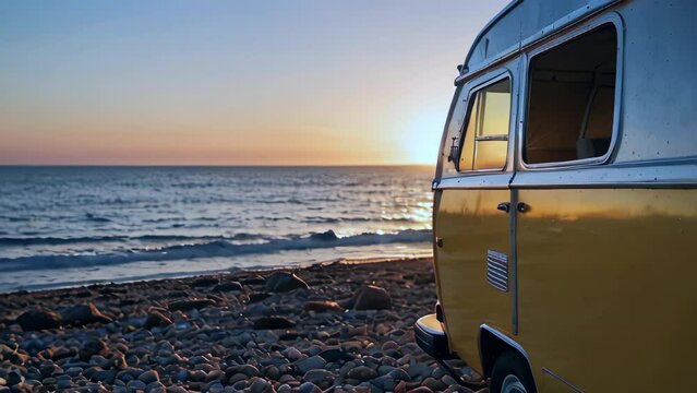 Back view of traveling climbing van parked on beach in front of sea in summer evening