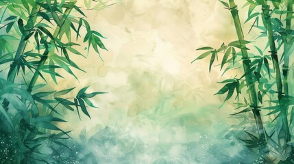 Traditional Chinese ink wash painting of bamboo leaves and branches with a gradient background in muted green and yellow tones.