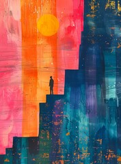 Silhouette of Man Standing on a Staircase with Watercolor Background
