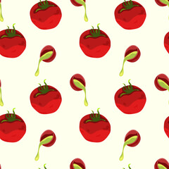 Seamless background of fresh juicy tomatoes with olive oil. Olive oil in a bowl, tomato, cherry. Hand drawn, follows a doodle style background. Design for printing on fabrics, holiday