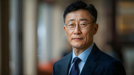 Crisis Management: A Chinese business leader in a strategy session, managing a crisis with a clear focus on the key speaker and a blurred background to emphasize tension