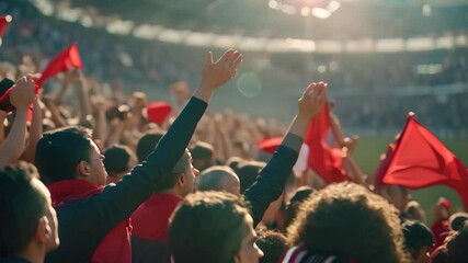 Group of people in a stadium wave red flags as they cheer on the event, Fans cheering in the stands, holding banners and flags