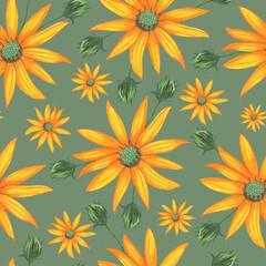 Topinambur Flower Seamless Pattern. Hand Drawn Floral Digital Paper on Green Background.