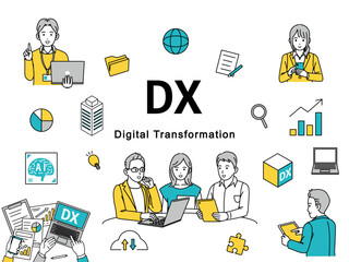 DX推進や取り組みをするスタートアップ企業のイラストセット