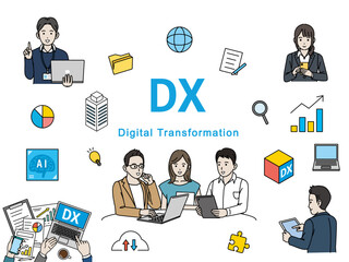 DX推進や取り組みをするスタートアップ企業のイラストセット
