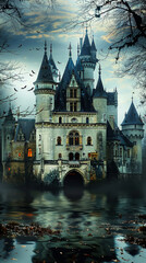 Fototapeta premium Haunted Castle at Night with Spooky Atmosphere, Bats Flying, Eerie Lighting, and Reflected in a Dark Foggy Lake, Perfect for Halloween, Gothic, Horror Themes