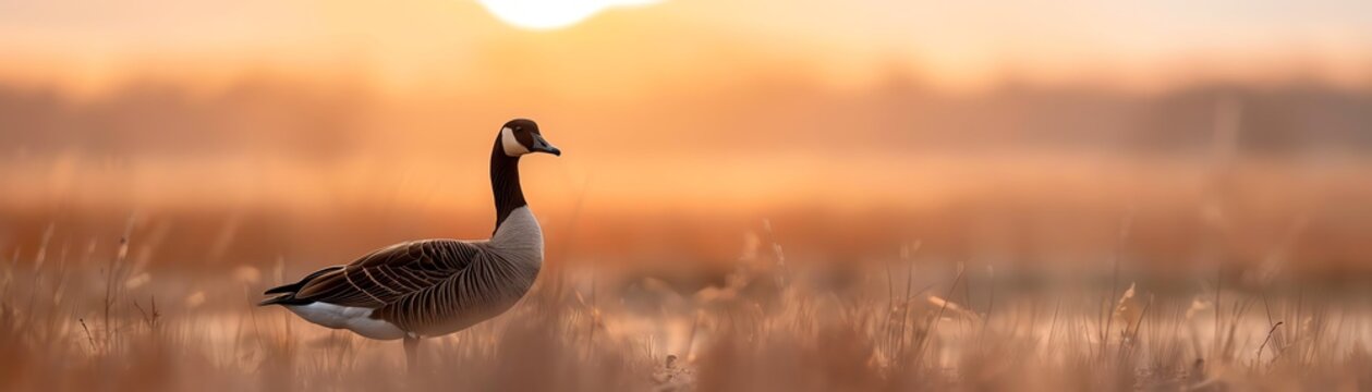 A lone goose stands in a field during a beautiful sunrise, surrounded by golden grass and bathed in warm sunlight, capturing a serene morning moment.