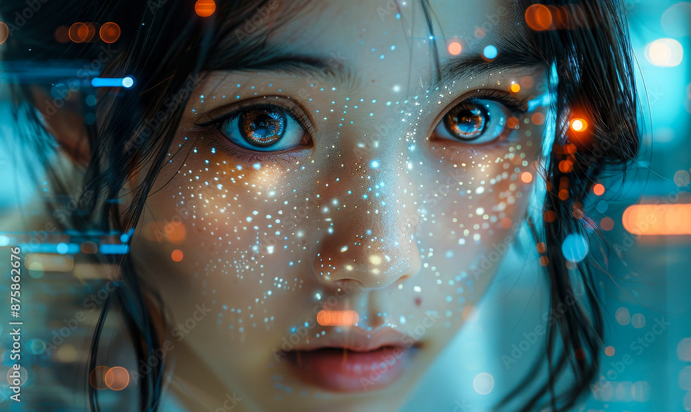 Poster human-ai synergy: a close-up of a woman's face mapped with digital data points, illustrating emotion