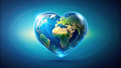Fototapeta premium Vibrant blue background features a stunning 3D illustration of a heart shaped like the Earth, symbolizing love for the planet and sustainable living ideals.