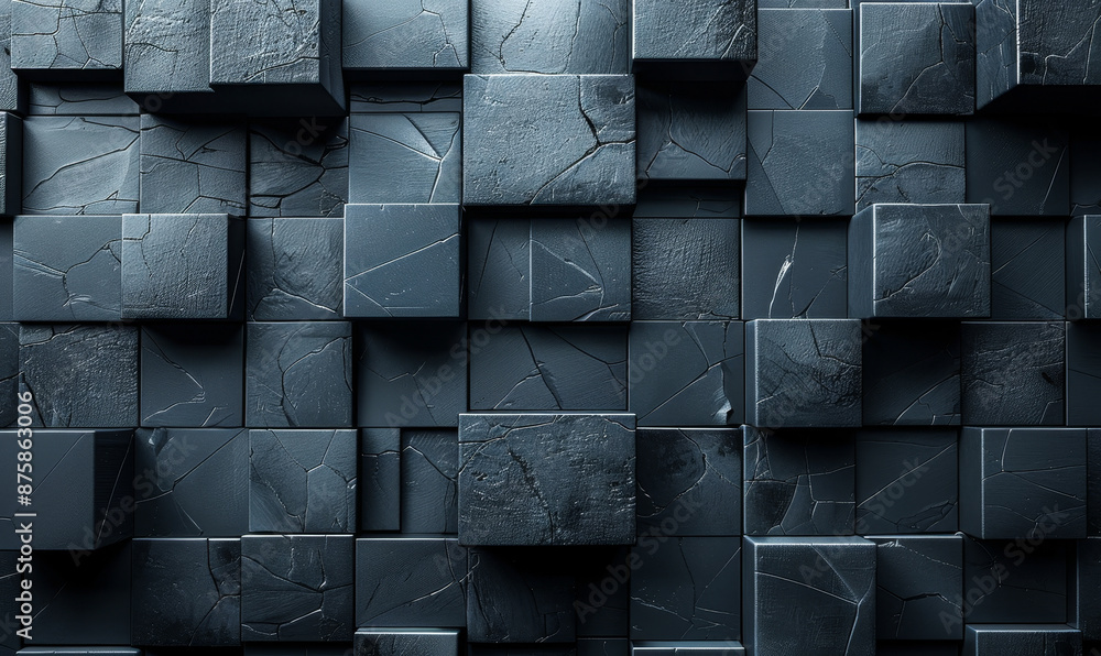 Aufkleber futuristic high-tech dark 3d cube tile wall texture with abstract geometric block structure, innovat