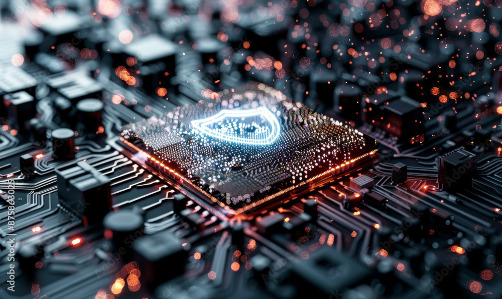 Poster futuristic security technology with digital shield on microchip, advanced data protection across cpu