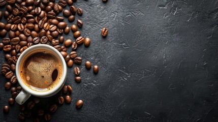 Dark aromatic coffee in a white cup with scattered coffee beans on a black stone table