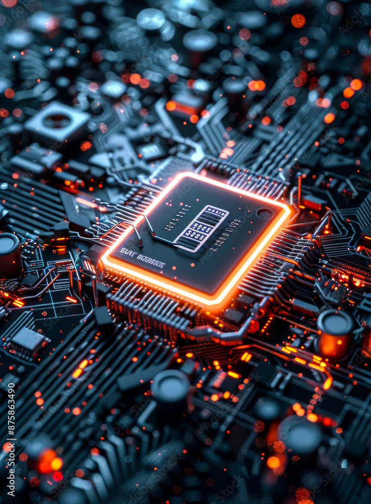 Poster futuristic energy technology with battery symbol on illuminated microchip, data flow on advanced mot