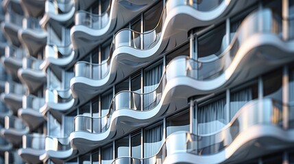 Close-up of a modern skyscraper's facade, featuring a rhythmic pattern of protruding balconies and floor-to-ceiling windows.