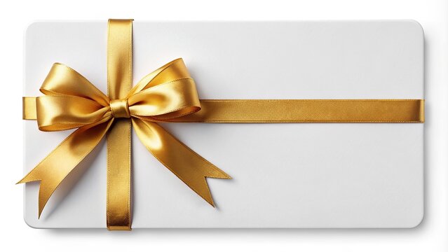 Elegant blank white gift voucher adorned with a luxurious gold ribbon, perfectly isolated on a pure white background, ready for customization and presentation.