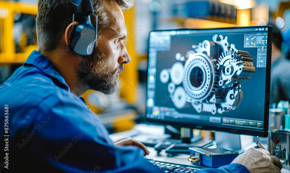 Poster mechanical engineer designing 3d engine model on computer in high-tech factory, close-up back view, 