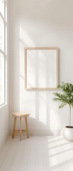 Fototapeta premium A white room with a wooden stool and a potted plant