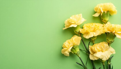 Yellow Carnations on Green Background - Beautiful Flowers for Spring - Colored Carnation - Background for Mother's Day, Woman's Day, Valentine's Day or Birthday - Space for Copy or Text