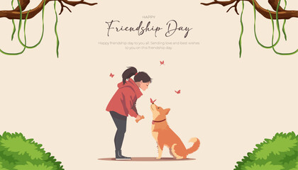 Happy Friendship Day Post and Greeting Card. Friendship Day Celebration Banner with a Girl and a Dog Vector Illustration