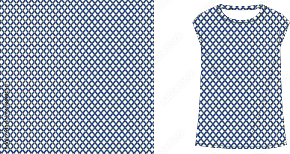Poster a simple blue and white checkered pattern background with a dress shape overlayed on the pattern des
