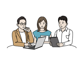 情報交換や話し合いをするビジネスパーソンやフリーランスのイラスト