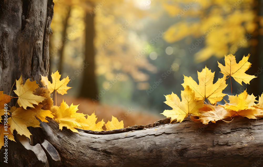 Poster golden maple leaves frame with rustic tree trunk and blurred forest, nature autumn backgroun. genera